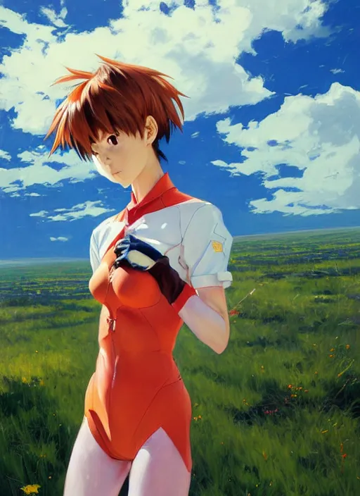 Prompt: portrait of Asuka Soryu Langley from Neon Genesis Evangelion enjoying her vacation, countryside, calm, fantasy character portrait, dynamic pose, above view, sunny day, thunder clouds in the sky, artwork by Jeremy Lipkin and Giuseppe Dangelico Pino and Michael Garmash and Rob Rey, very coherent asymmetrical artwork, sharp edges, perfect face, simple form, 100mm