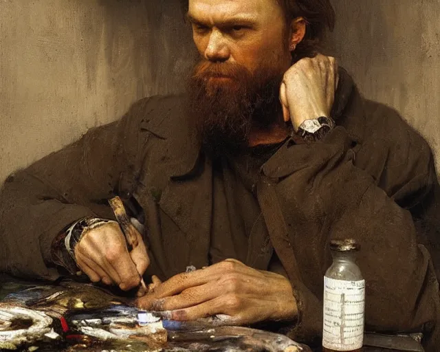 Image similar to a close up of dostoyevsky as an exhausted painter in his studio by edgar maxence and caravaggio and michael whelan, intricate painting, hyper realistic, extremely detailed and beautiful aesthetic face, 8 k resolution