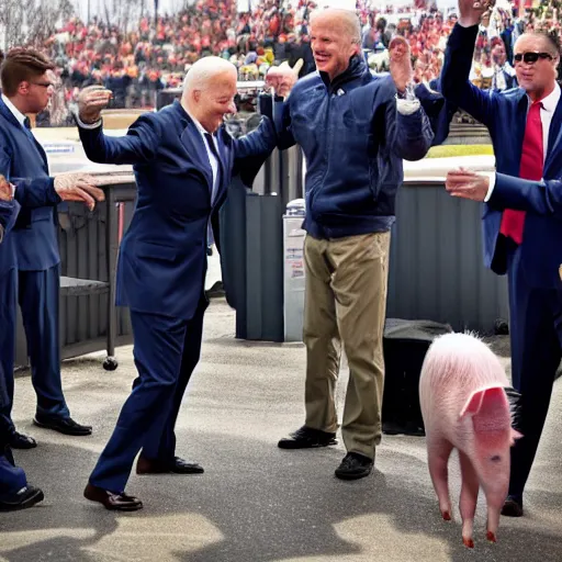 Prompt: joe biden dabbing in front of pigs