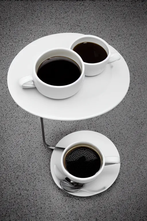 Prompt: a cup of coffee sitting on top of a white table diner booth, high angle, a hyperrealistic photo by IAN SPRIGGS, flickr, conceptual art, photo taken with ektachrome, photo taken with provia, kodak portrait