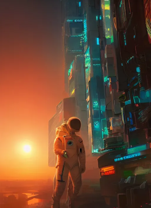 Image similar to An aesthetic Astronaut in a cyberpunk city during a sunset , extremely detailed digital painting, mystical colors, rim light, beautiful Lighting, 8k, stunning scene, raytracing