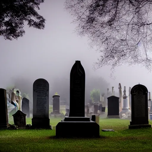 Prompt: memorial statues in a gothic cemetery at dusk, dramatic, gloomy, volumetric light, ground mist