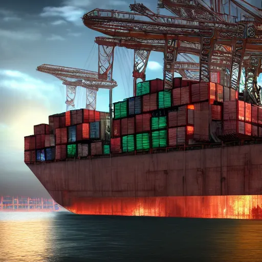 Image similar to photo of Immense industrial futuristic cargo ship arrives at cyber punk city sea port, cinematic lighting, photo