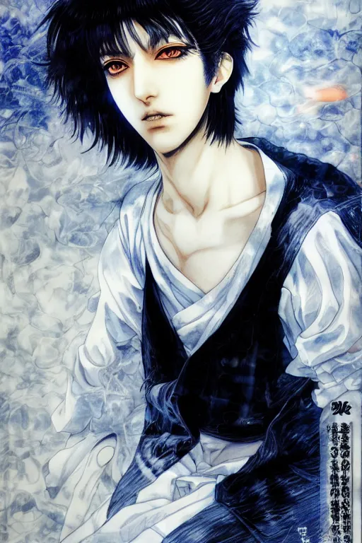 Prompt: beautiful medium shot manga portrait of mahmood inspired by ayami kojima with short hair dressed with a white t - shirt, white background white bank studio light, art by yoshitaka amano, hiroaki samura, jiro matsumoto and yusuke murata, sharp focus, high quality, 8 k