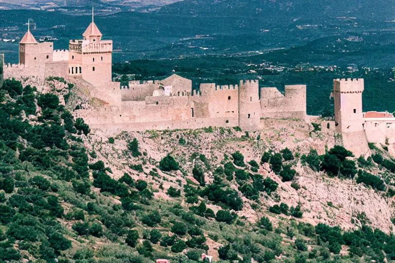 Image similar to 35mm photo of the Spanish castle of Salobrena on the top of a large rocky hill overlooking a white Mediterranean town by June Sun