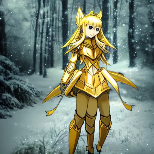 Image similar to full shot focus of beautiful darkness knight 3D anime girl, golden armor wearing, dark forest background, snowing, bokeh, inspired by Masami Kurumada, digital painting, high contrast, unreal engine render, volumetric lighting, high détail