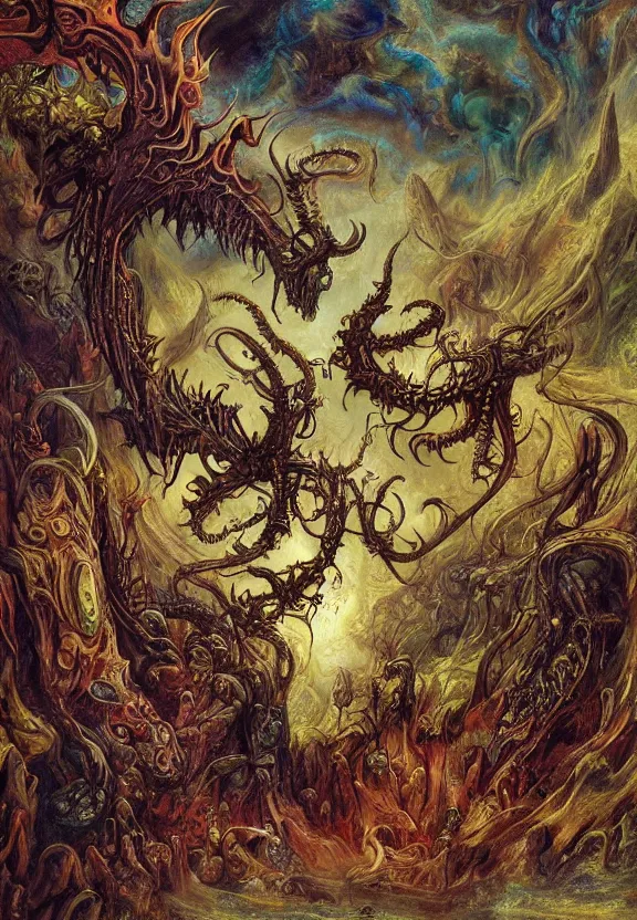 Image similar to colorful muscular eldritch demons radiating town fractal, by h. r. giger and esao andrews and maria sibylla merian eugene delacroix, gustave dore, thomas moran, pop art, chiaroscuro, biopunk, art nouveau