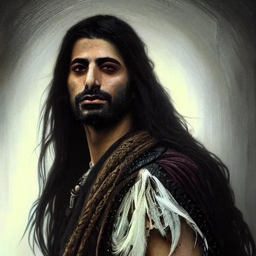 Image similar to portrait painting of a middle - eastern man with shoulder length hair and wearing a tattered black feather cloak and coat, ultra realistic, concept art, intricate details, eerie, highly detailed, photorealistic, octane render, 8 k, unreal engine. art by artgerm and greg rutkowski and charlie bowater and magali villeneuve and alphonse mucha