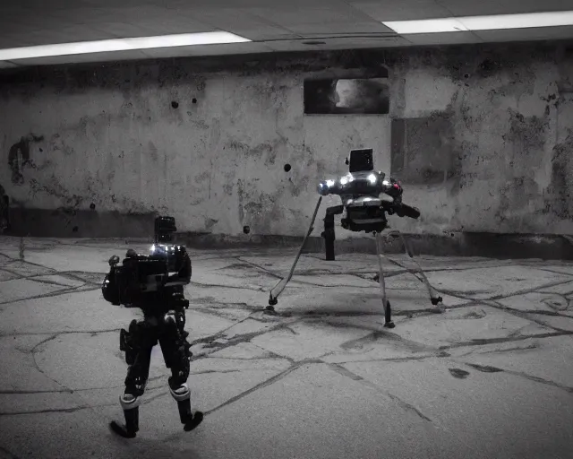 Image similar to camera footage of a Darpa Robot hunting people in an abandoned shopping mall, high exposure, dark, monochrome, camera, grainy, CCTV, security camera footage, timestamp, zoomed in, fish-eye lense, Robot, Drone, Intense, Darpa,