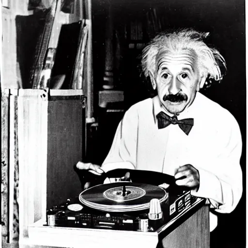 Prompt: photo of Albert Einstein DJing a record player at a nightclub, vintage, highly detailed facial features, at a nightclub