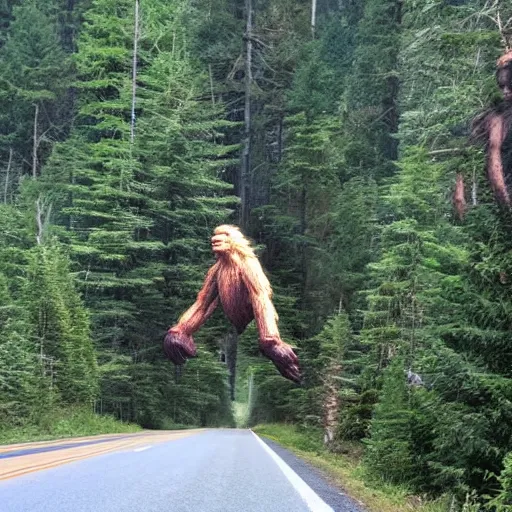 Image similar to Sasquatch in the forest tossing a big tree into highway traffic