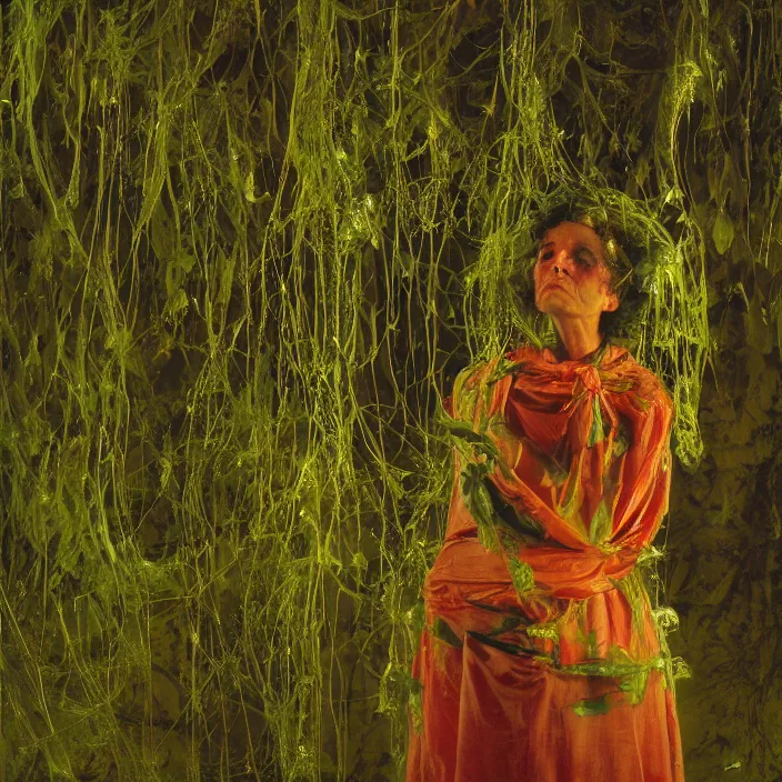 Prompt: closeup portrait of a woman wrapped in chartreuse cellophane, standing in an overgrown interior, color photograph, by paula rego, canon eos c 3 0 0, ƒ 1. 8, 3 5 mm, 8 k, medium - format print