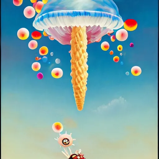 Prompt: Giant ice cream jellyfish, jellybeans, flowers, and mushrooms fly through the air, as a tornado approaches, by Takashi Murakami, Edward Hopper, Bo Bartlett, and Cynthia Sheppard, Artstation