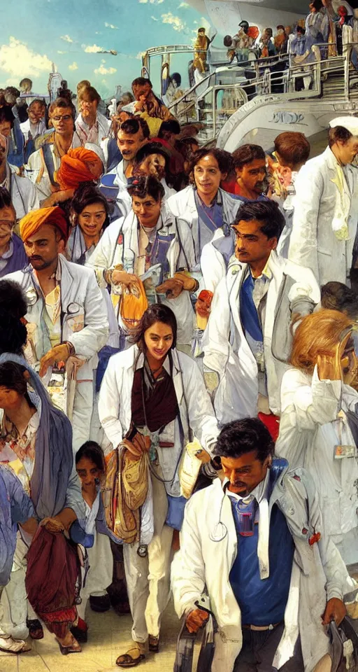 Prompt: close up of young Indian doctors in scrubs disembarking at Heathrow, sun shining, photo realistic illustration by greg rutkowski, thomas kindkade, alphonse mucha, loish, norman rockwell.