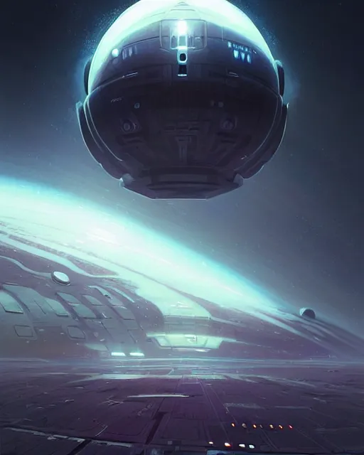 Image similar to professional ominous sci - fi concept art of a space ship touching down at a space station by artgerm and greg rutkowski ( thin white border ). an intricate, elegant, highly detailed digital painting, concept art, smooth, sharp focus, illustration, in the style of simon stalenhag wayne barlowe, igor kieryluk.