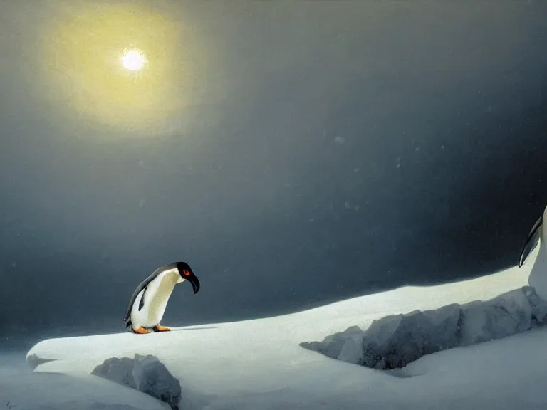 Prompt: an oil painting of a penguin playing in pure white snow on a misty iceberg at dusk. aurora. by tuomas korpi moebius and carl spitzweg. baroque elements. intricate artwork by caravaggio. oil painting. oil on canvas. award winning. dramatic. trending on artstation. 8 k