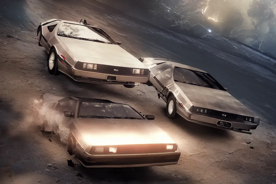 Image similar to ultra realistic delorean dmc 5 and mazda rx 7 parallel drift on road wreckage orbiting earth in space, dark cinematic, volumetric, realistic, 3 d render, realistic render, cinematic lighting, volumetric lighting, atmospheric, cinematic, unreal engine 5, unreal engine render, octane render, hd, photorealism, hyper realistic, 8 k