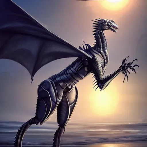 Prompt: full body pose, realistic detailed stunning anthropomorphic robot female dragoness, doing an elegant pose with hand on hips, looking to the side, sleek streamlined armor and design, sharp claws, standing on two legs, wearing a cloak that blows in the wind from behind, on the beach during sunset, high quality, cinematic art, artstation, deviantart, furaffinity