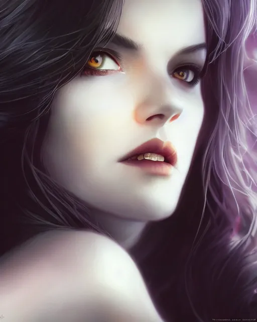 Image similar to a beautiful female vampire, ethereal, dreamy, backlit, highly detailed, stern expression, realistic lighting, sharp focus, windswept, rule of thirds, symmetrical facial features, by artgerm, wlop, rossdraws, frank frazetta, andrei riabovitchev, trending on artstation, hd, 4 k, fantasy