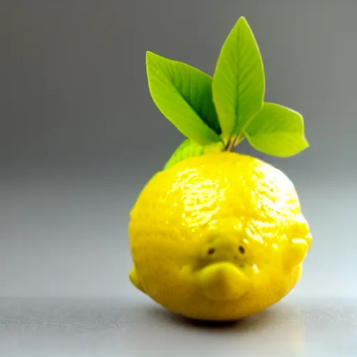 Prompt: photo of a lemon character, with a business suit on, 24 mm lens