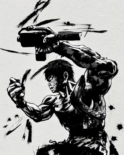 Prompt: Tony Jaa getting ready to fight in the style of Yoji Shinkawa, in the style of leonard boyarsky, detailed illustration