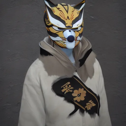 Prompt: a beautiful japanes male wearing a kitsune mask, intricate unreal engine 5 creation for a gallery