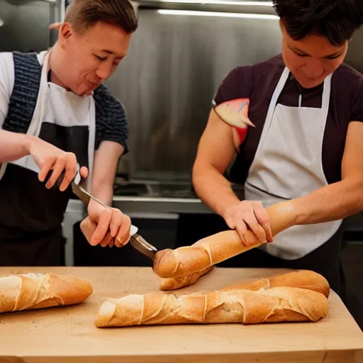 Image similar to two bakers pretending to use baguettes as swords in a small bakery by sanrio