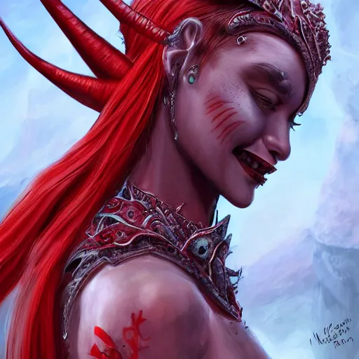 Image similar to red skin, Tiefling , smiling, beautiful detailed eyes, cute, fantasy, intricate, elegant, highly detailed, digital painting, 4k, HDR, concept art, detailed jewelry, smooth, sharp focus, illustration, by Wayne Reynolds