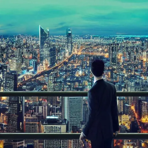 Image similar to a still of a cat in a suit looking out at a city skyline, cinematic,