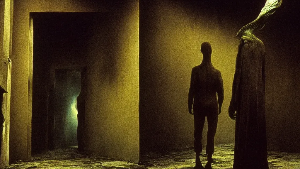 Prompt: the creature in the alley, film still from the movie directed by denis villeneuve and david cronenberg with art direction by salvador dali and zdzisław beksinski, wide lens