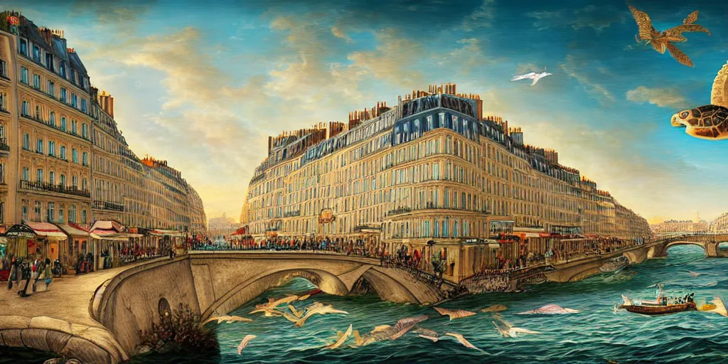 Prompt: master piece stunning digital painting of a parisian small city contained on the top of a giant sea turtle