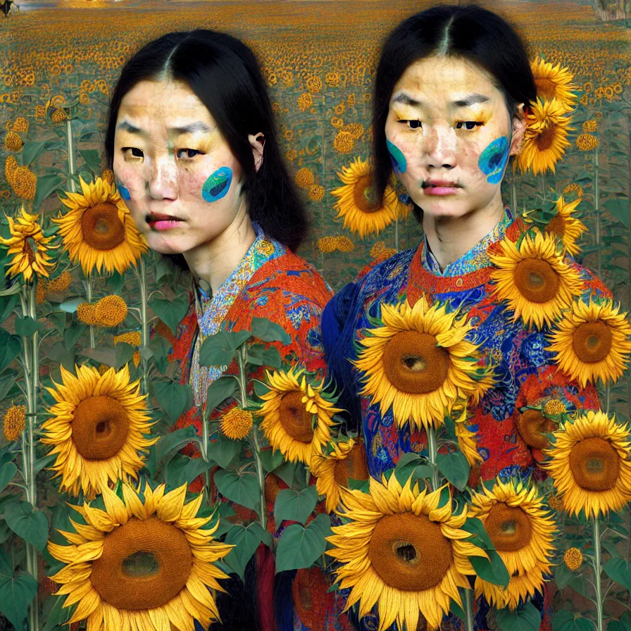 Image similar to portrait of only one beautiful mongolian woman wearing colourful face paint surrounded by bright intricate patterns of sunflowers and other plants, by edgar maxence and caravaggio and michael whelan, intricate painting, hyperrealistic, finely detailed and beautiful aesthetic face, 8 k resolution