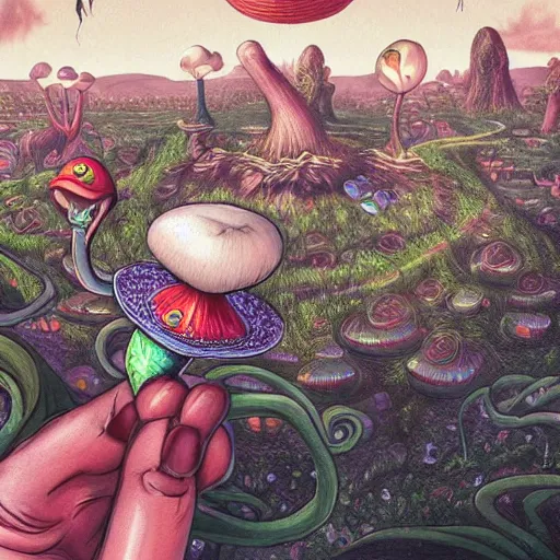 Image similar to A centered waist up portrait of a scary psychedelic godlike anthropomorphic frog smoking tobacco , magic mushroom village in background . award winning. superb resolution. in the art style of junji Ito and greg rutkowski . Detailed Mushroom city in background. Hyper realistic anime. Perfect art. Dalle2