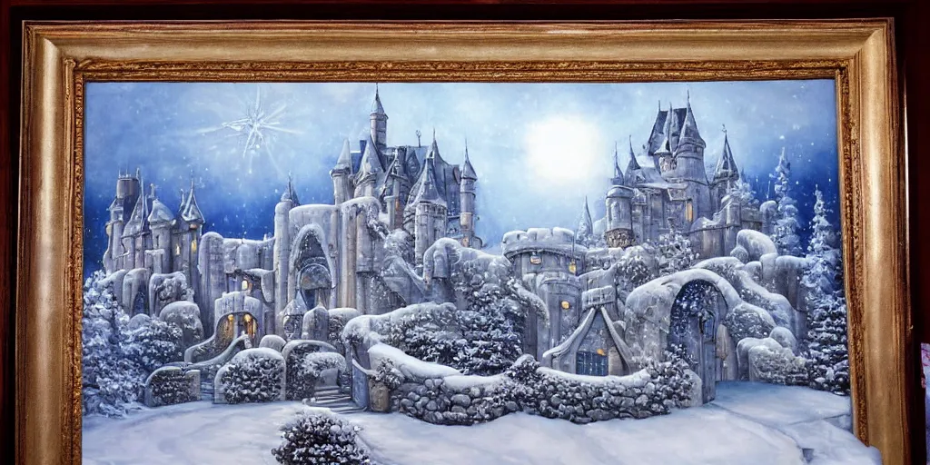 Prompt: Beautiful castle made of snow and ice detailed painting High Quality by Barclay Shaw