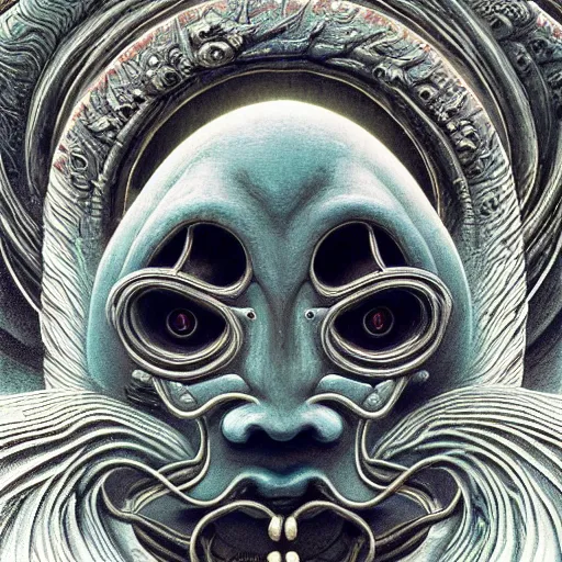 Image similar to naraka buddhist alien demon korean, thailand art, tubular creature, blood vessels, blue eyes, black energy, dystopian surrealism, zdzisław beksinski, symmetry accurate features, very intricate details, high resolution, symmetrical long head, smooth marble surfaces, detailed ink illustration, robot, metal gear, cinematic smooth stone, deep aesthetic, concept art
