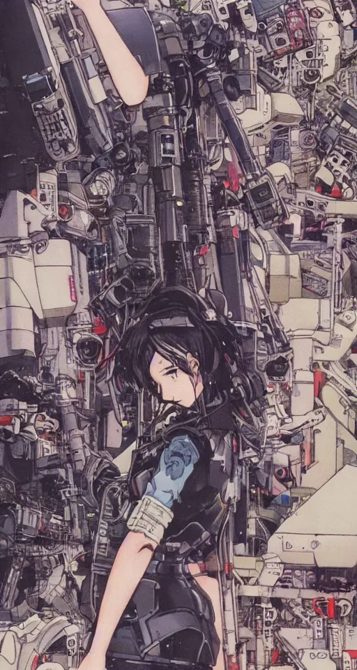 Prompt: anime illustration of a cyberpunk girl with mecha , concept art , by katsuhiro otomo and Katsuya Terada