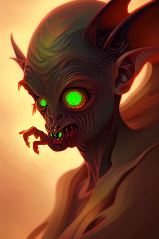 Image similar to beautiful goblin with glowing eyes, highly detailed, digital painting, artstation, sharp focus, illustration, art by tan zi and ayanamikodon and alphonse mucha and wlop