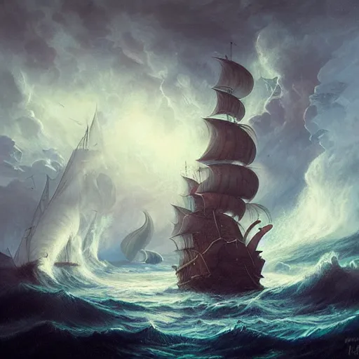 Prompt: a huge pirate ship with lights on and white sails at night, stormy ocean, tumultuous clouds, epic scene, peter mohrbacher