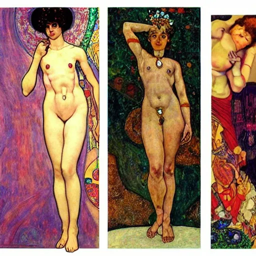 Prompt: a goddess of transcendential consciousness, contrapposto, egon schiele, gustav klimt, alphonse mucha, retro futurism