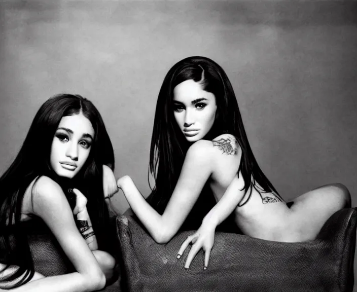 Image similar to award winning photo of Ariana Grande, Megan Fox sitting on a chesterfield lounge, symmetrical + beautiful eyes, wide shot by Sally Mann & Arnold Newman,