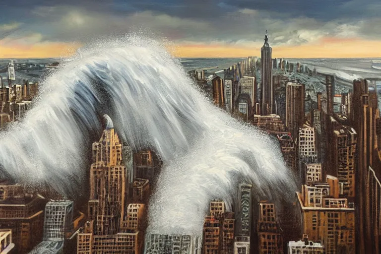 Image similar to tidal wave crashing over manhattan, bird's eye view, wide shot, cinematic, realistic style painting