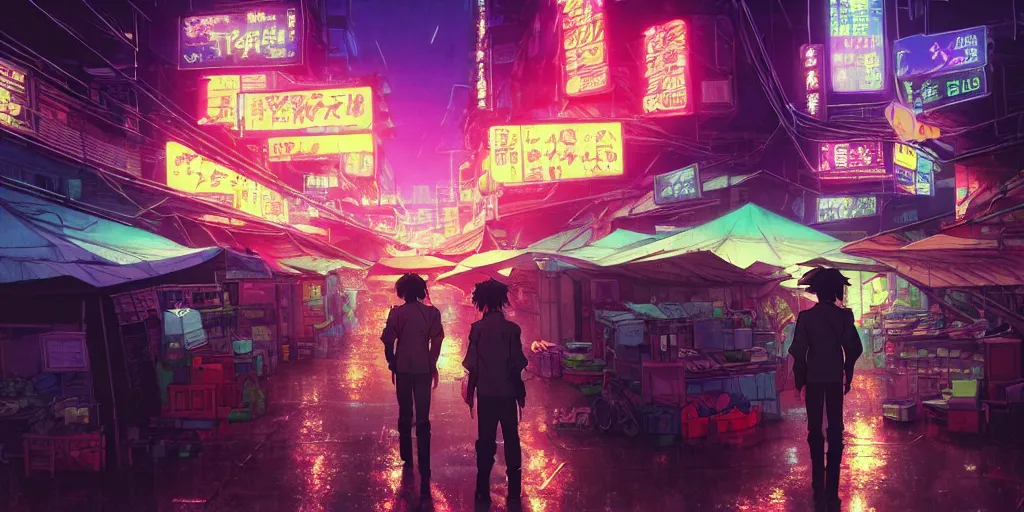 Image similar to twilight lighting, moody, atmospheric, solarpunk, cyberpunk, a render of davao city's roxas night market, rainy, in the art style of neon genesis : evangelion, 8 0 s anime style, by ghibli studio and victor ngai, ghost in the shell art style, akira artstyle, pixar highly detailed, 8 k h 5 7 6