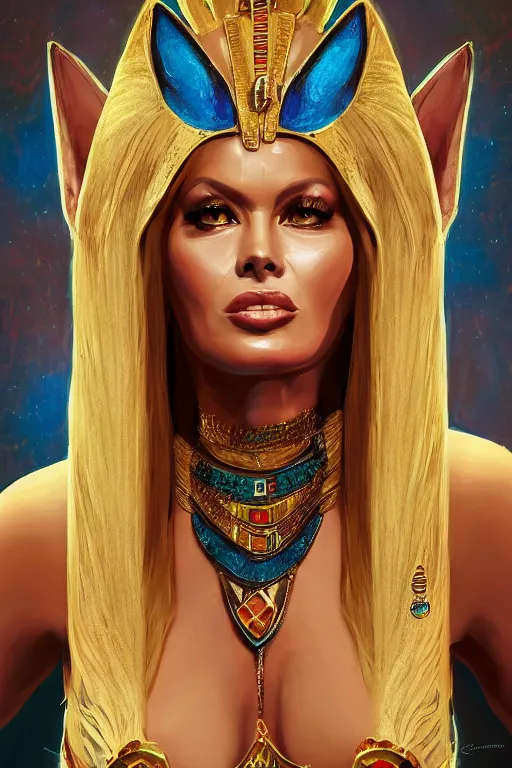 Image similar to brigitte bardot as egyptian cat goddess, vivid colors, high details, cinematic, 8k resolution, beautiful detailed, photorealistic, digital painting, artstation, concept art, smooth, sharp focus, illustration, fantasy background, artstation trending, octane render, unreal engine