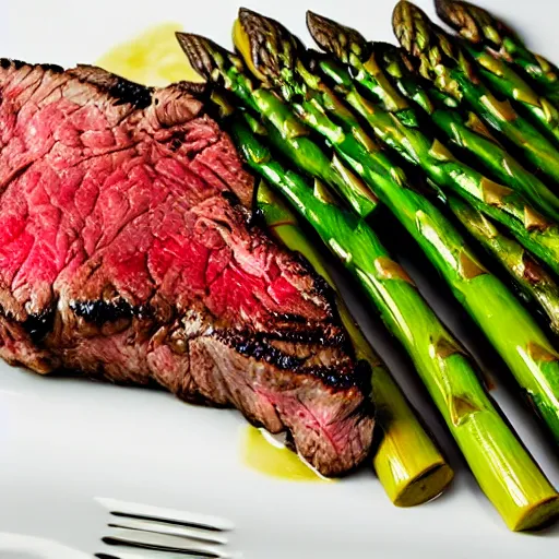 Image similar to Steak and asparagus, HD, studio lighting, 8K, hyper realistic, michelin 5 star, award winning photo