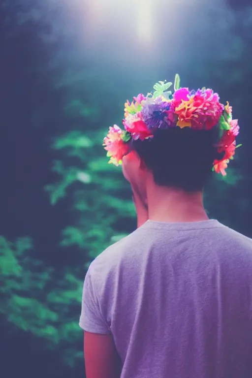 Image similar to agfa vista 4 0 0 close up photograph of a guy wearing a flower crown, back view, synth vibe, vaporwave colors, lens flare, moody lighting, moody vibe, telephoto, 9 0 s vibe, blurry background, grain, tranquil, calm, faded!,