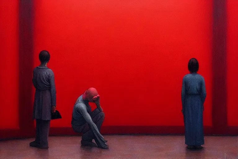 Prompt: only with red, crowd delirious at the sight of a painting, in a city square, in the style of beksinski, parts by edward hopper, parts by rodcenko, parts by yue minjun, intricate and epic composition, red by caravaggio, insanely quality, highly detailed, masterpiece, red light, artstation, 4 k