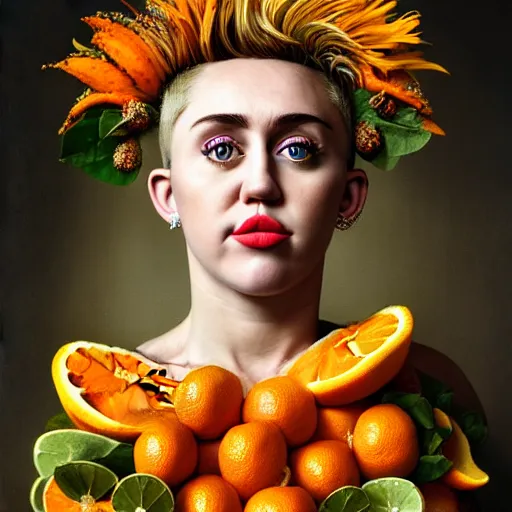 Prompt: portrait of miley citrus, by giuseppe arcimboldo and paul barson and annie leibovitz and faith yata and artgerm and alphonse mucha, photorealistic, f 1. 8, soft lightning, high detail, 8 k