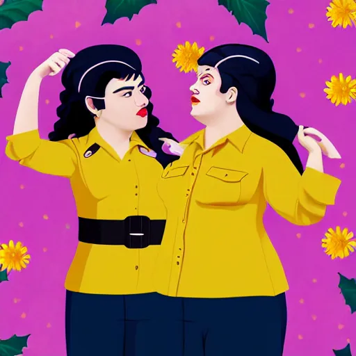 Prompt: colorful and festive cute female young plus size mike patton and hitler with tan skin, clear sharp todd solondz face, wearing yellow floral blouse. full body, rich vivid pastel colors, ambient lighting, dynamic lighting, 4 k, atmospheric lighting, painted, intricate, highly detailed by charlie bowater