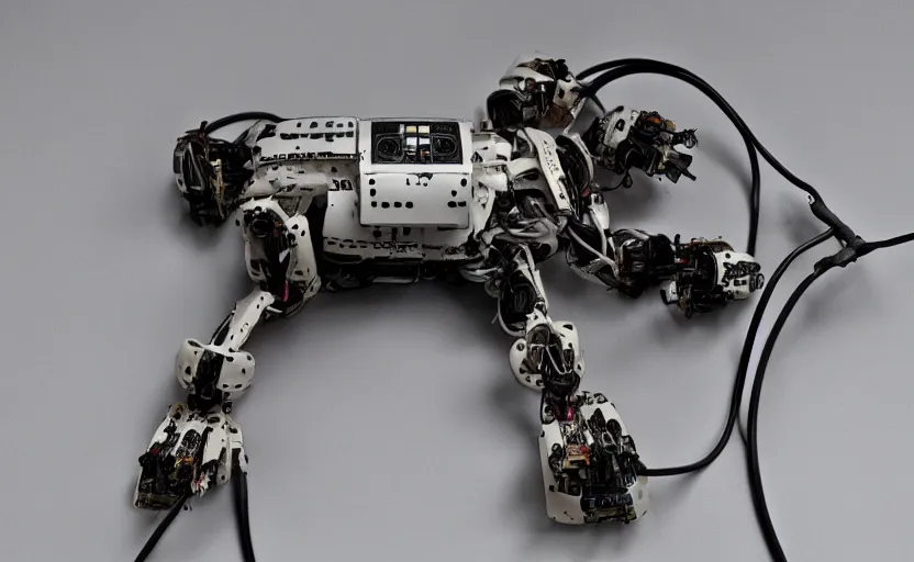 Image similar to wounded laying dog robot, sad eyes, photography, wires, circuit, electricity, realistic