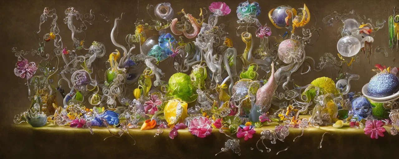 Image similar to ultradetailed photorealistic still life with jelly flowers by ernst haeckel, jan brueghel, james jean and david lachapelle, slime and tentacles, wide angle, minimalistic cinematic composition, octane render, bokeh, unreal engine, 4k, 3d render